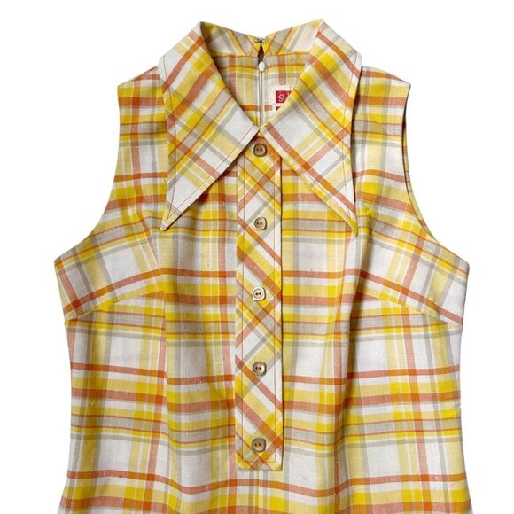 70s vintage plaid mini dress with pointed dagger collar sleeveless St Michael. - Picture 2 of 8